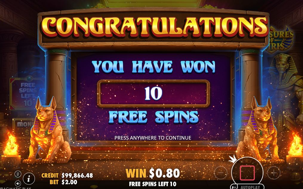 Free Spins opening screen with 10 spins awarded