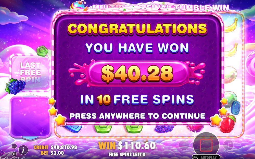 Win screen after Tumble wins on the 6x5 grid